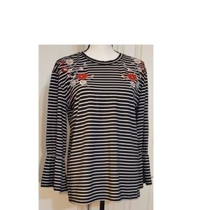 Ann Taylor Black White Stripes Floral Embroidery